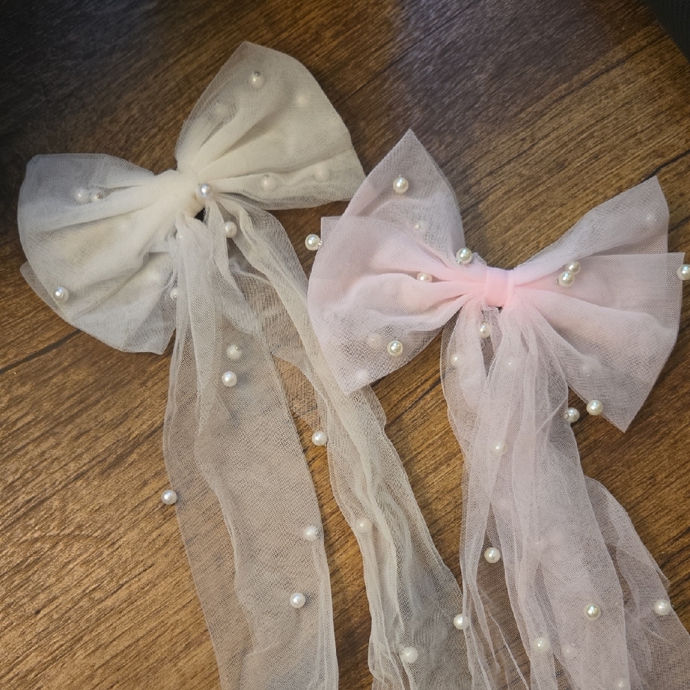 New Set of Elegant Sheer Hair Bows with Pearls